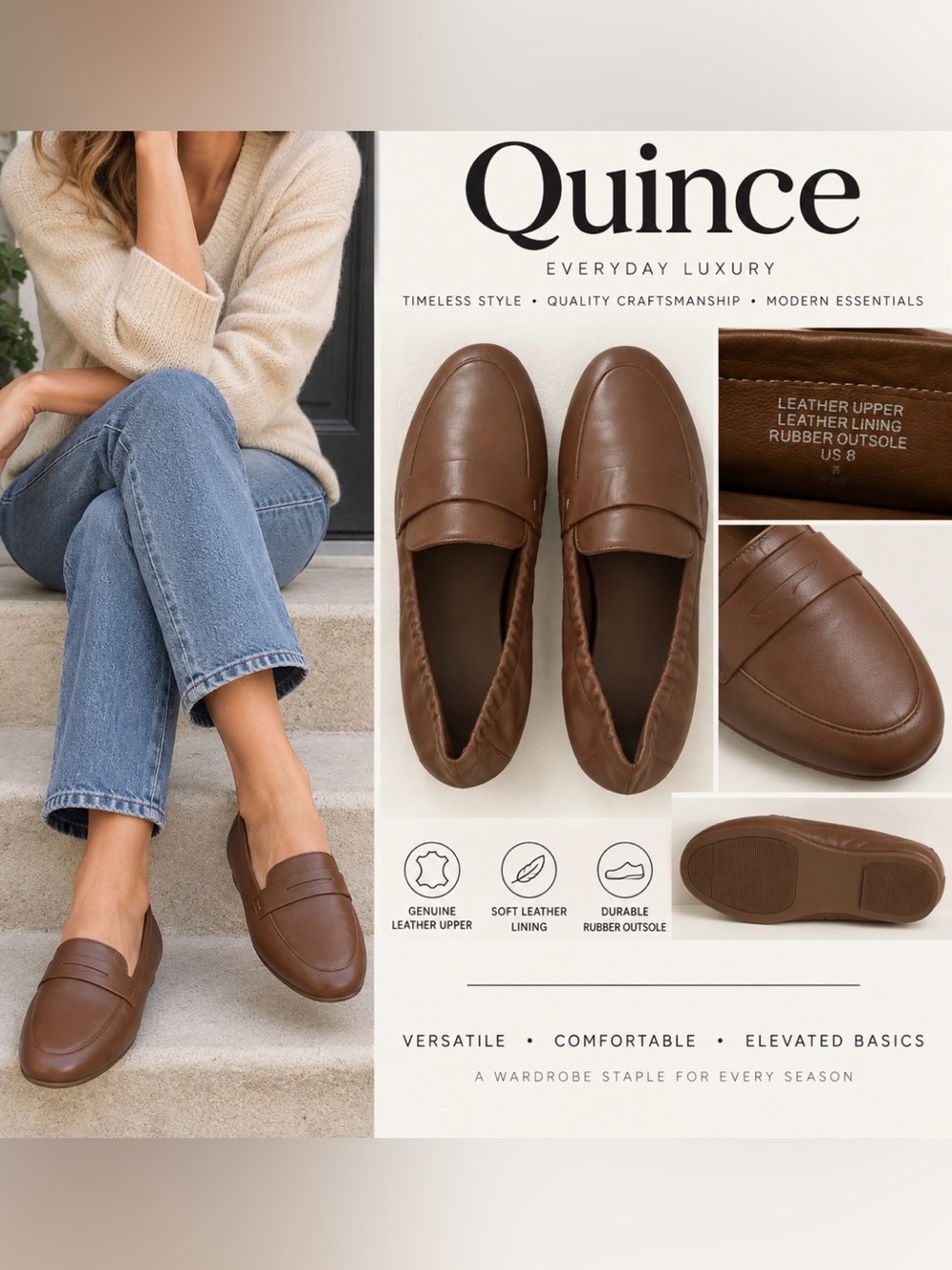 Women’s size 8 Quince slip on penny loafers in soft leather brown